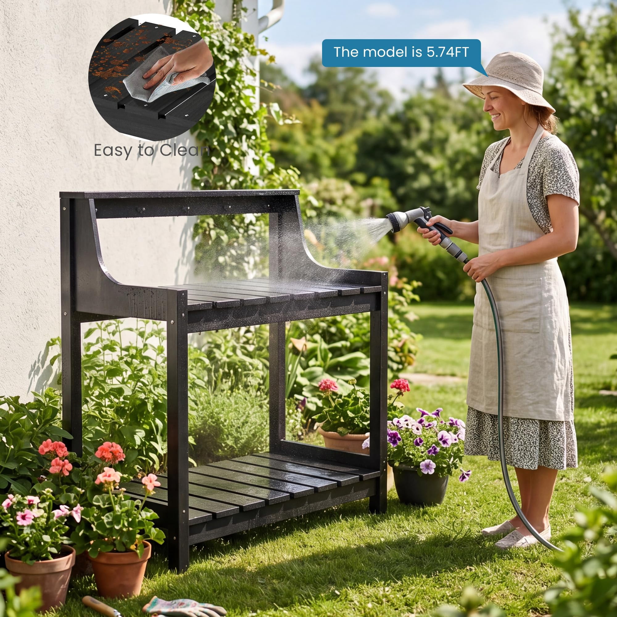 Potting Benches for Outside, HDPE Garden Potting Table All Weather, Outdoor Potting Table with Storage for Patio, Backyard, Garden, Black