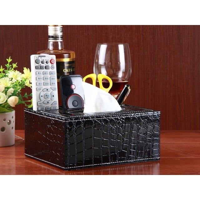 Zhuge Funda de cuero retro para caja de pañuelos: soporte multifuncional para control remoto y papelería con dispensador moderno de pañuelos faciales, color negro