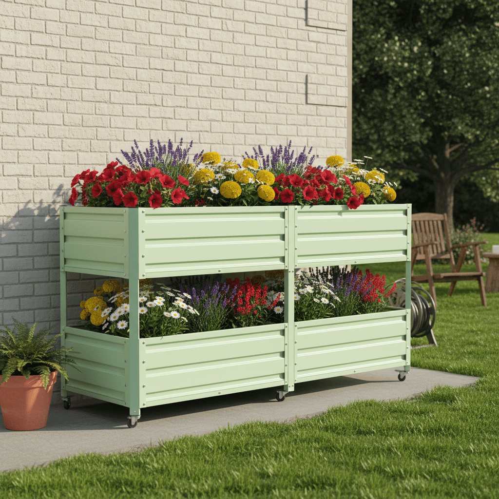 Mintazer 2-Tier Elevated Metal Raised Garden Bed with Lockable Wheels, 2-Layer Raised Planter Box for Backyard Patio Balcony Greenhouse, Green