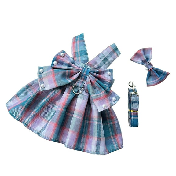 Cute Plaid Print Dog Harness Dress - with Bowknot - for Small Dogs - Indoor Outdoor Use - Various Sizes - Polyester