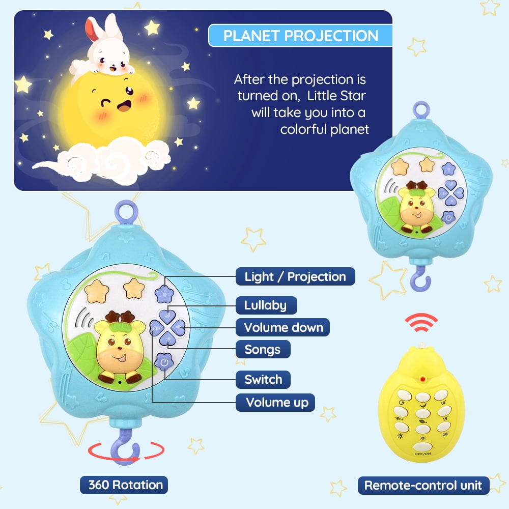 Baby Crib Mobile with Remote Control, Music, Star Planet Projector, 360° Rotation -  Musical Baby Mobile with Detachable Chewable Rattles & Teethers