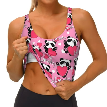 Qokaie Panda Heart Valentine Pattern Womens Scoop Neck Sports Bra Breathable Workout Vest Padded U Back Medium Impact Fitness Gym Yoga Bra Workout Crop Top