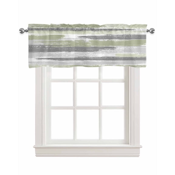 Abstract Sage Green Linen Curtain Valance for Bedroom/Bathroom/Kitchen/Office/Living/Dining Room Window,Modern Geometric Grey White Stripe Rod Pocket Topper Decorative Cafe Drapes Panel 60"x18"