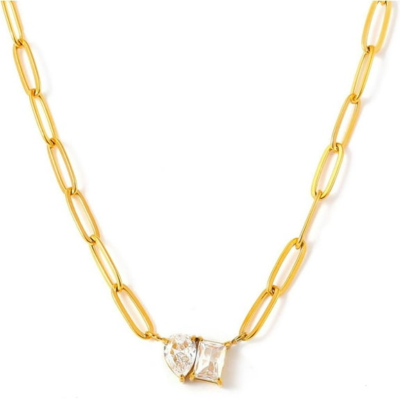 Women's Necklace 18K Gold Plated Paperclip Chain with Square & Teardrop Zircon Gemstones Pendant, 15.7" 2" Adjustable Elegant & Sweet Dainty Jewelry for Everyday Wear