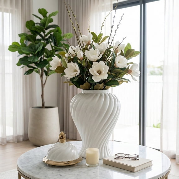 Elegant Ceramic Temple Jar with Lid for Home Decor - Sculptural Flower Vase for Living Room, Bedroom, or House Display - Table Decor for Dining Room or Kitchen Counter - 20", White & Gold