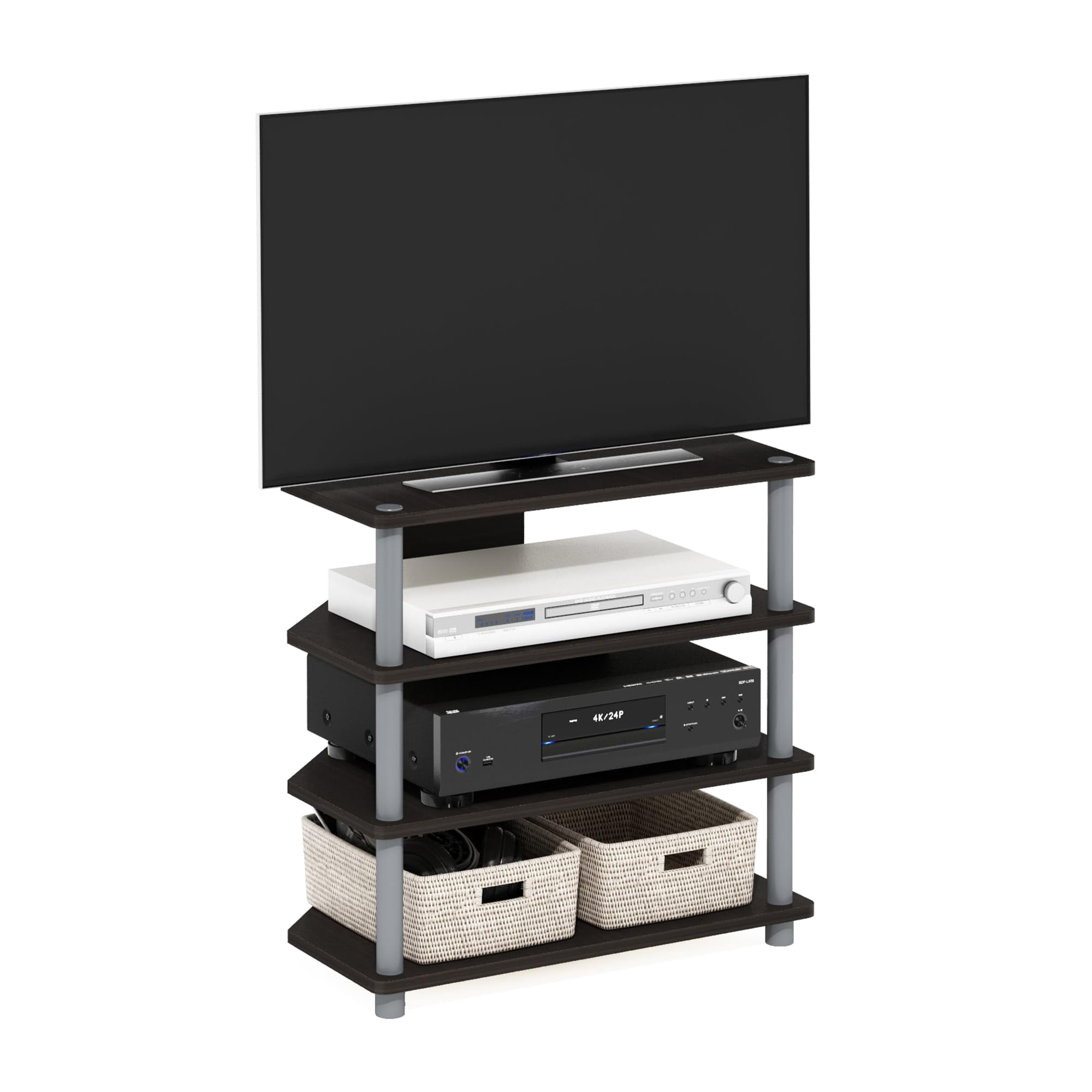 Pemberly Row Wood 4-Tier Petite TV Stand for TV up to 25" in Espresso/Gray
