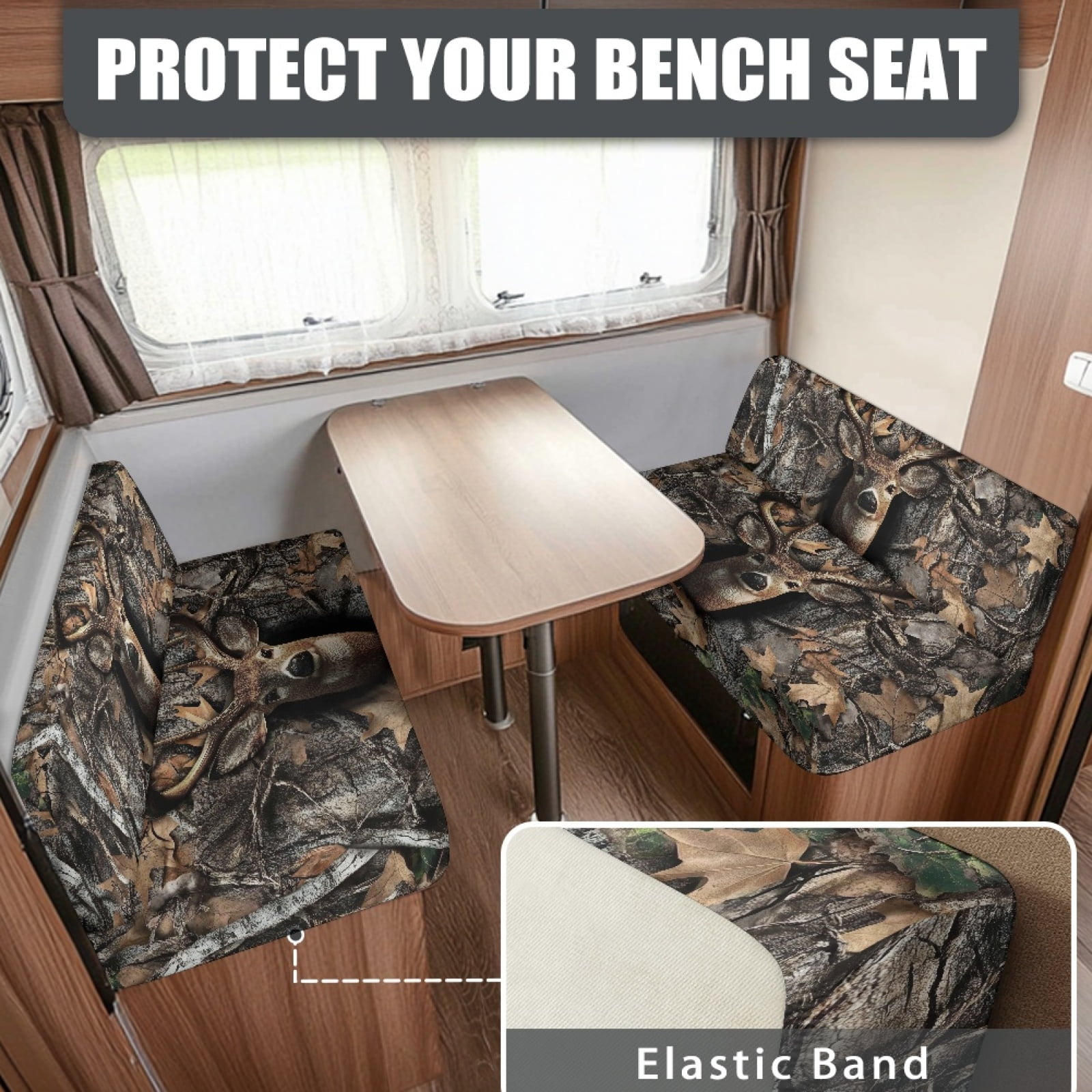 FOR U DESIGNS Deer Hunting Camo Pattern 2 PCS RV Dinette Cushion Covers Wear-Resistan Camper Seat Covers Dinette Booth Camper Cushion Slipcover Sofa Slipover for Travel Trailer Couch