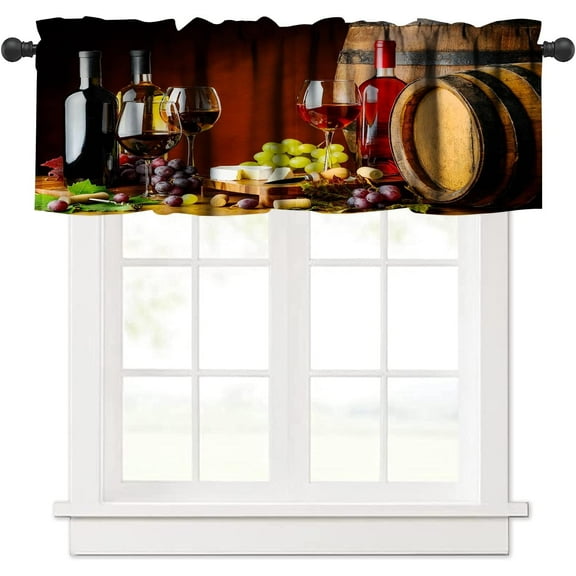 Wine Kitchen Curtains Valance, Rustic Grape Themed Curtains Farmhouse Fruit Barrels Wall Vintage Winery Art Rod Pocket Window Valance, for Bedroom Living Room Cafe 1 Panels W54xL18in