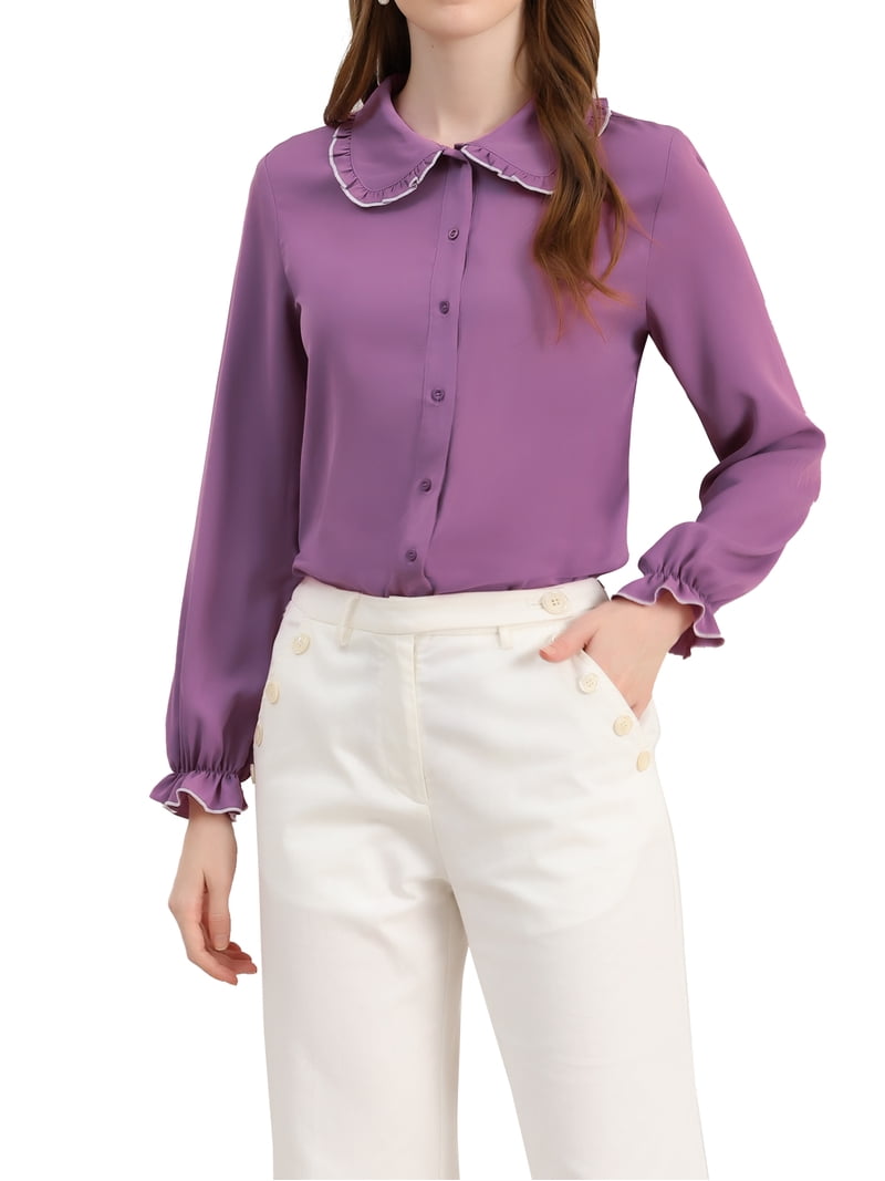 juniors purple dress shirt MODA NOVA Juniors Sweet Ruffle Peter Pan Collar Button up Work Shirts Light  Purple M