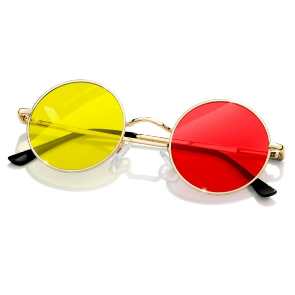 KANASTAL Photochromic Sunglasses Women Round Yellow to Red Sun Glasses Circle Men Night Driving Glasses Steampunk Hippie Retro Party Cosplay Cutsom UV400 Protection (Gold Frame Yellow-to-Red Lens)