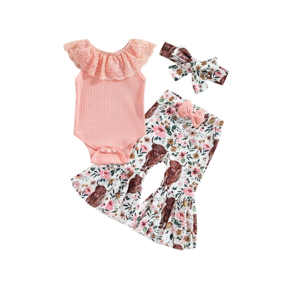 Genuiskids 3Pcs Newborn Baby Girls Summer Clothes 6 12 18 24 Months Infant Sleeveless Lace Patchwork Romper Tops Cow Flower Pants Headband Summer Outfit