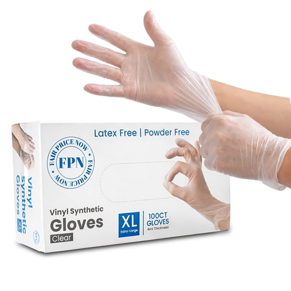 FPN Vinyl Synthetic Gloves, Clear, Powder-Free & Latex-Free – Extra Large 100 Count Box, Disposable, 4 Mil, Gloves for Cleaning, Cooking, Salon, Pet Care