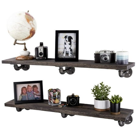 

Industrial Pipe Wooden Shelves Restore by Pipe DÉCOR Premium Ponderosa Pine Wood Shelving 36 Inch Length Set of 2 Boards and 6 L Brackets Boulder Black Finish