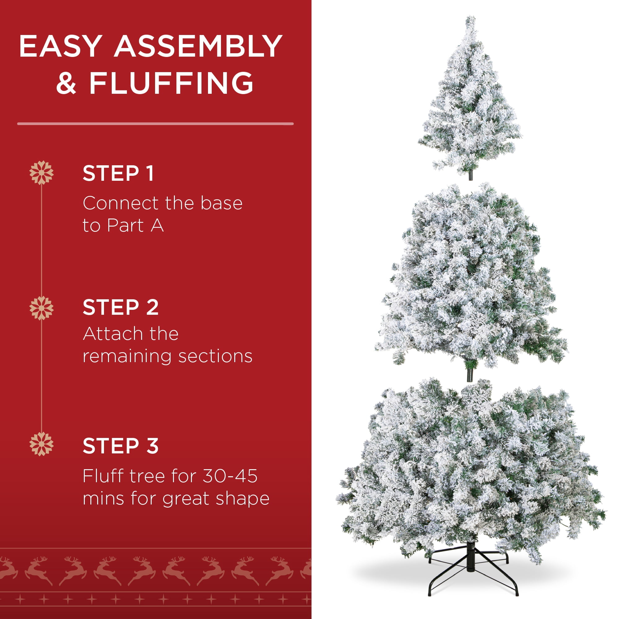 Fenbeli 6ft Artificial Snow Decorated Flocked Hinged Christmas Tree with Metal Stand, Indoor White