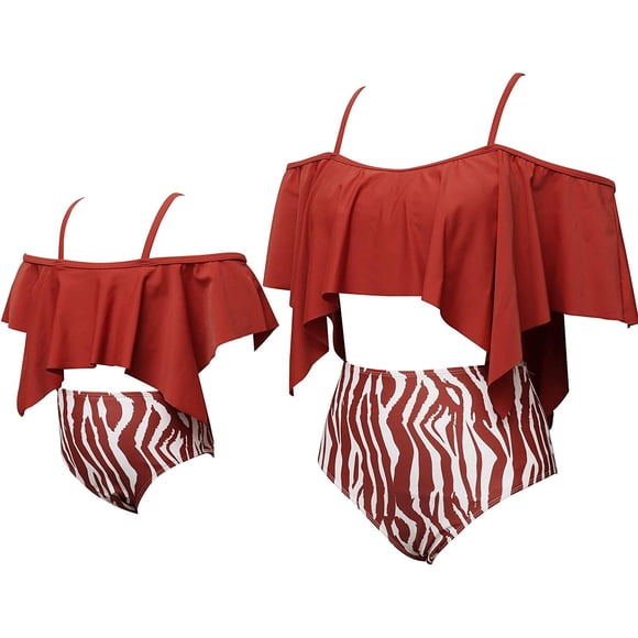 Girls Swimsuit - Women High Waisted Bikini Set, Two Pieces Ruffle Falbala Bathing Suit Family Matching Swimwear, Women L