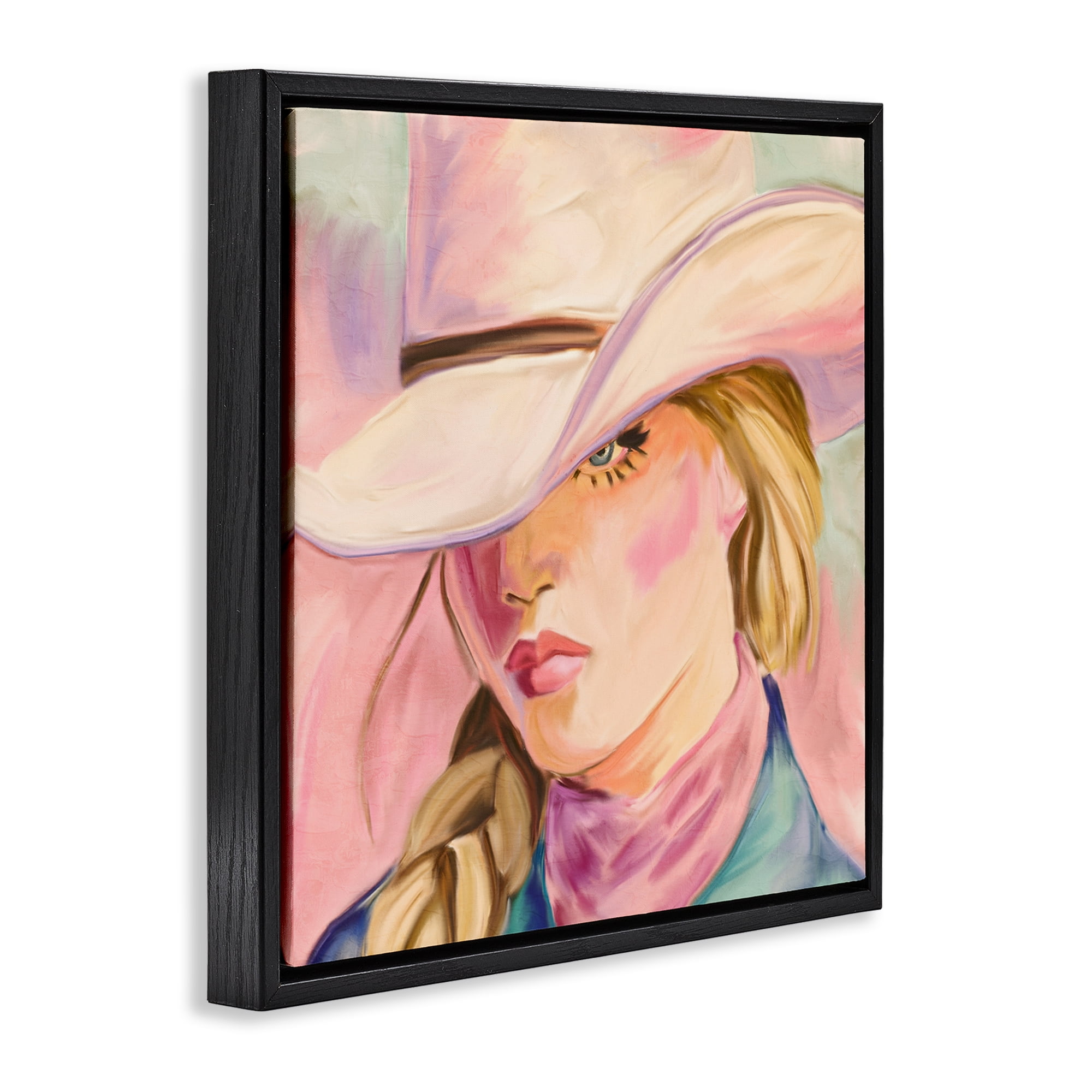 Pastel Cowgirl Gaze Beneath Hat Black Framed Floater Canvas Wall Art, design by Kim Allen