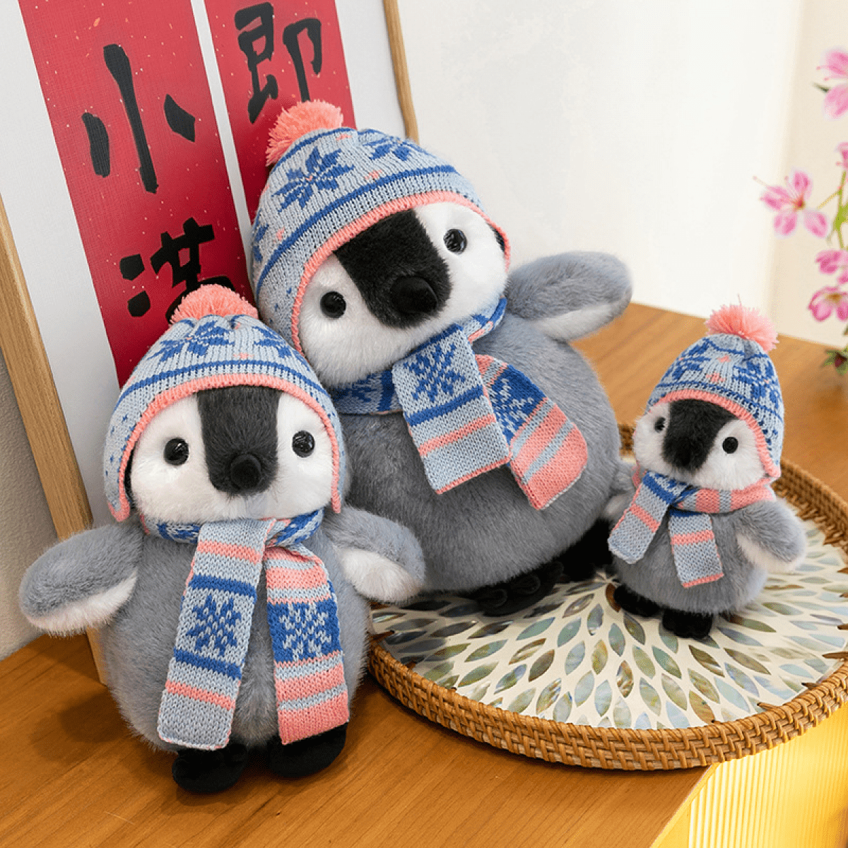 Penguin Stuffed Animal with Knit Hat Scarf for Adults Women, Weighted Sitting Soft Cuddly Plush Toy Gifts for Birthday Holiday Winter Valentine-9.06''