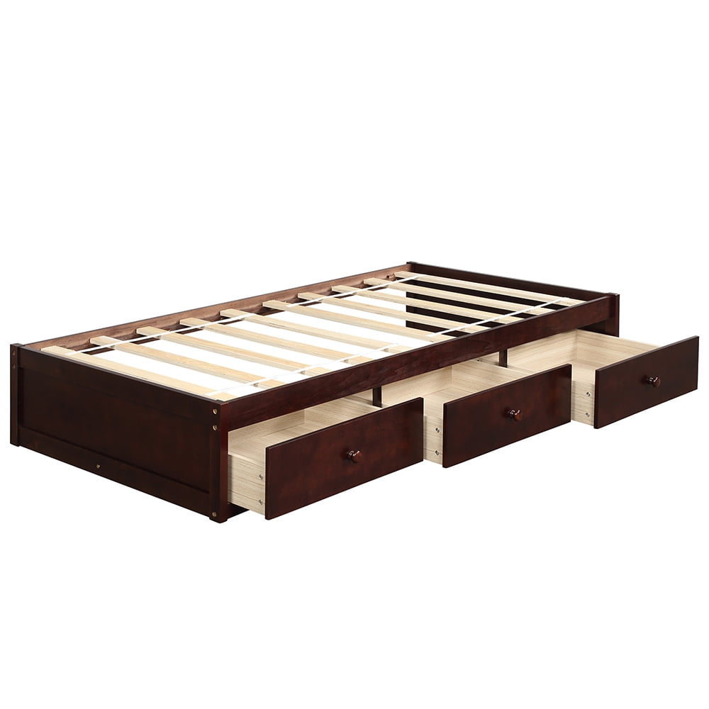 Lowestbest Solid Wood Twin Size Bed with Storage, Platform Bed with 3 Drawers-Espresso