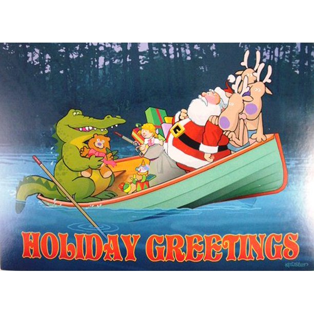 Santa and Alligator in Boat Kersten Boxed Christmas Holiday Cards