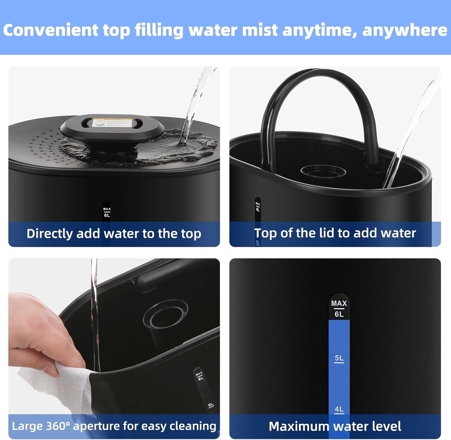 Humidifiers Large Room Home,Cool and Warm for Baby and Plants Hot Mist Top Fill Desk Quiet,Adjustable Mist,360 ° Nozzle-Black