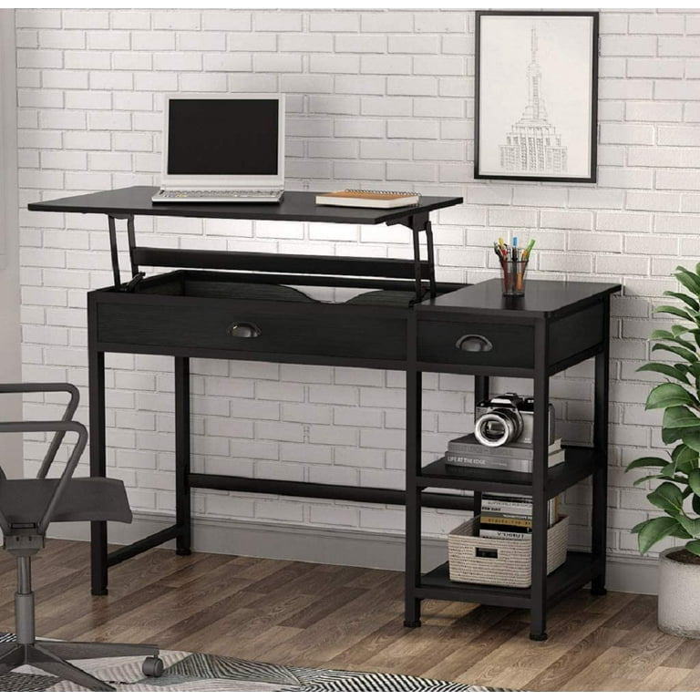 Lift Top Desk with Drawers 47 inch Computer Desk with Shelves Height Adjustable Standing Desk with Monitor Riser Study Table Writing Desk for Home