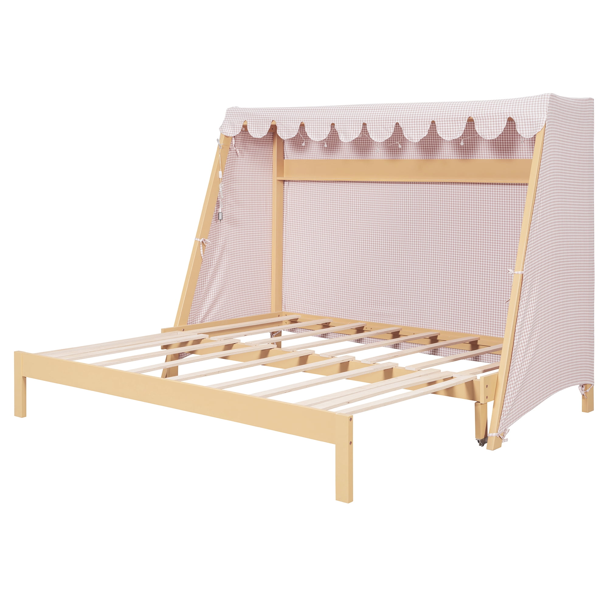 Mintazer Twin XL Platform Bed with LED Light, Trundle, Storage Shelf & Tent for Kids, Light Brown