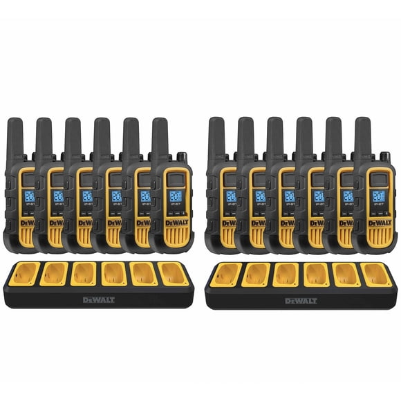DeWalt DXFRS800 Talkies-Walkies Robustes avec 2x Station de Recharge (12 Radios) - Radios Bidirectionnelles Rechargeables 2 W à Longue Portée pour Affaires, Étanches
