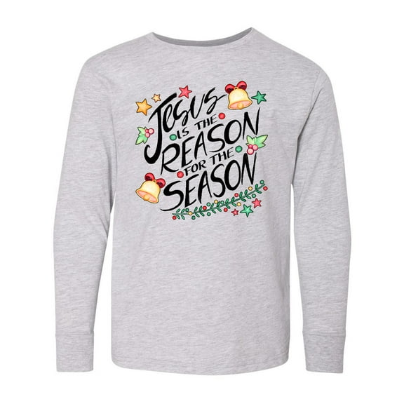 Inktastic Jesus is the Reason for the Season Christmas Bells and Stars Long Sleeve Youth T-Shirt
