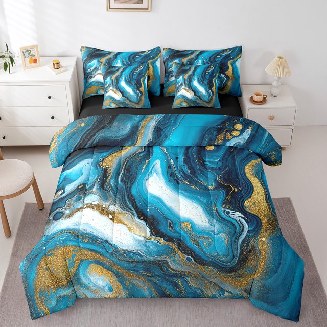 Erosebridal Abstract Marble Bedding Queen Size,Gold Metallic Comforter Sets with Sheets,Marbling Decor,Reversible,Lightweight,7 Pieces