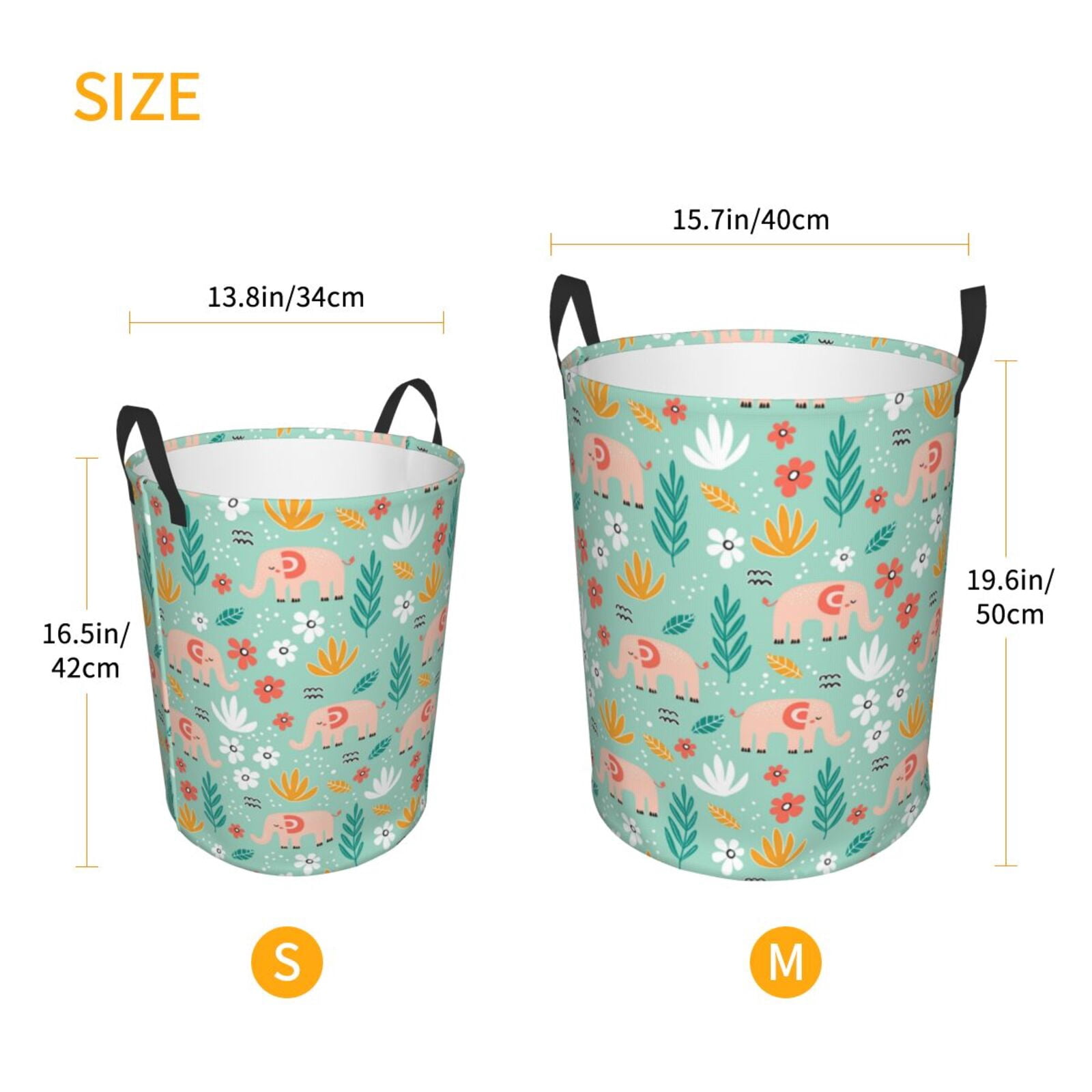 Large Laundry Basket with Handles - Elephant and Flowers Kids Baby Dirty Clothes Laundry Hamper for Bedroom Aesthetic