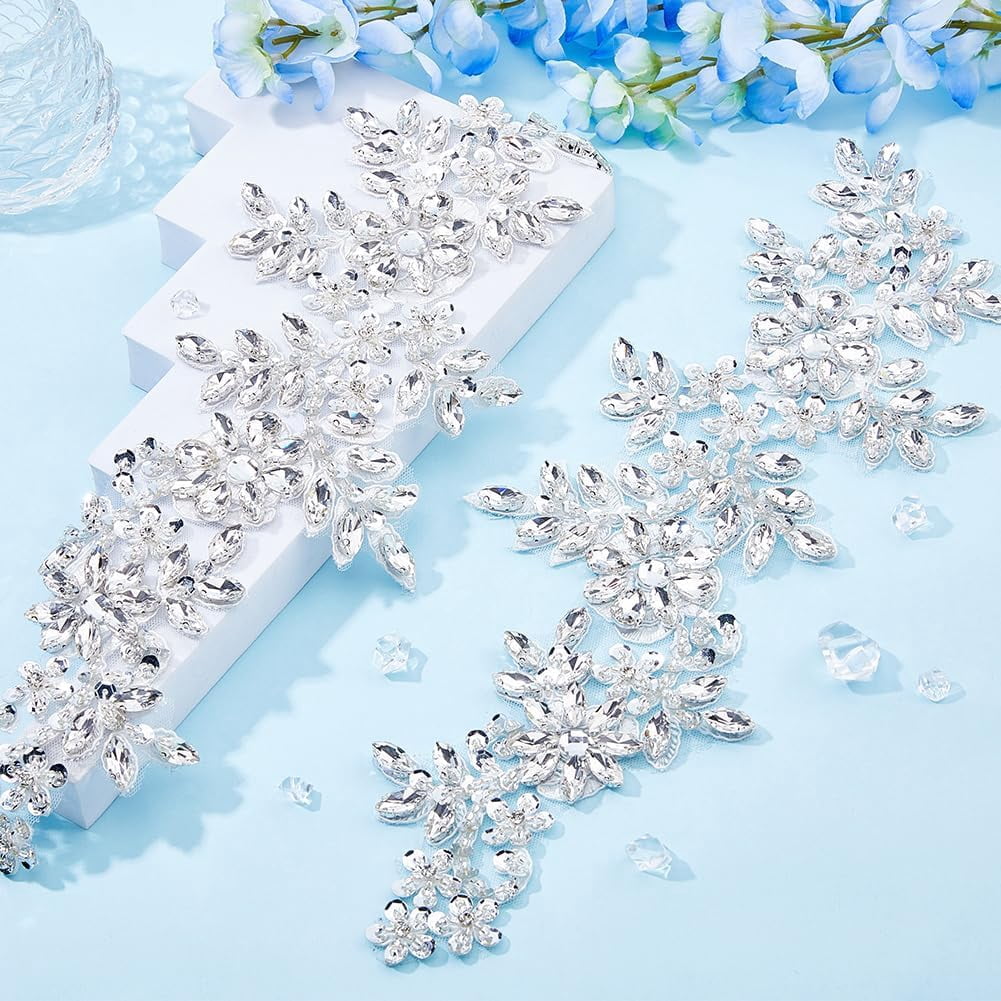 2Pcs Flower Lace Bead Applique Rhinestone Lace Appliques Sparkly Beaded Appliques Embroidery Floral Patch Sewing Beads Trim Patch Handmade Appliques