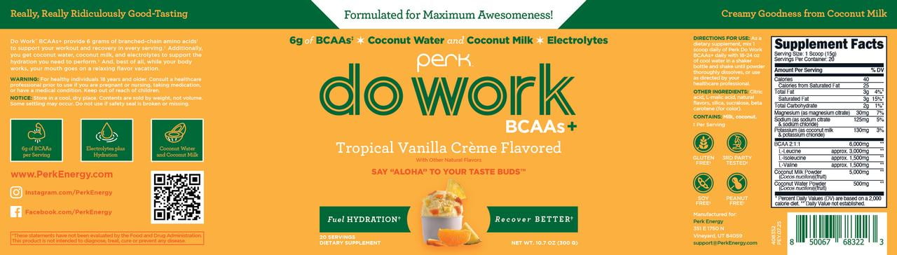 Perk Do Work BCAA + Hydration Electrolytes Powder (Tropical Vanilla Créme) 20 Servings - with Coconut Water & Coconut Milk, Gluten-Free, Soy-Free