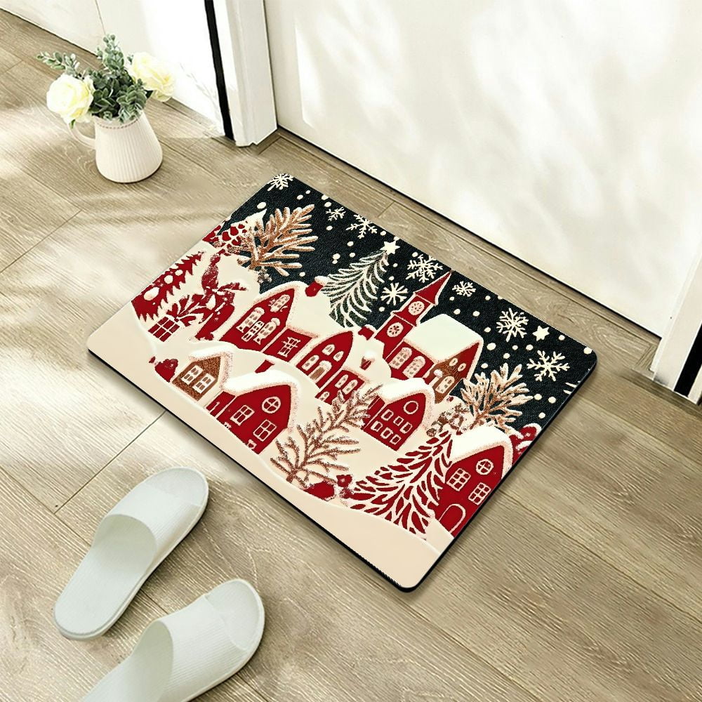Shiartex Christmas Village Snowflakes Trees Doormat for Home Entrance, Indoor Outdoor Non-Slip Welcome Mat 24x16in