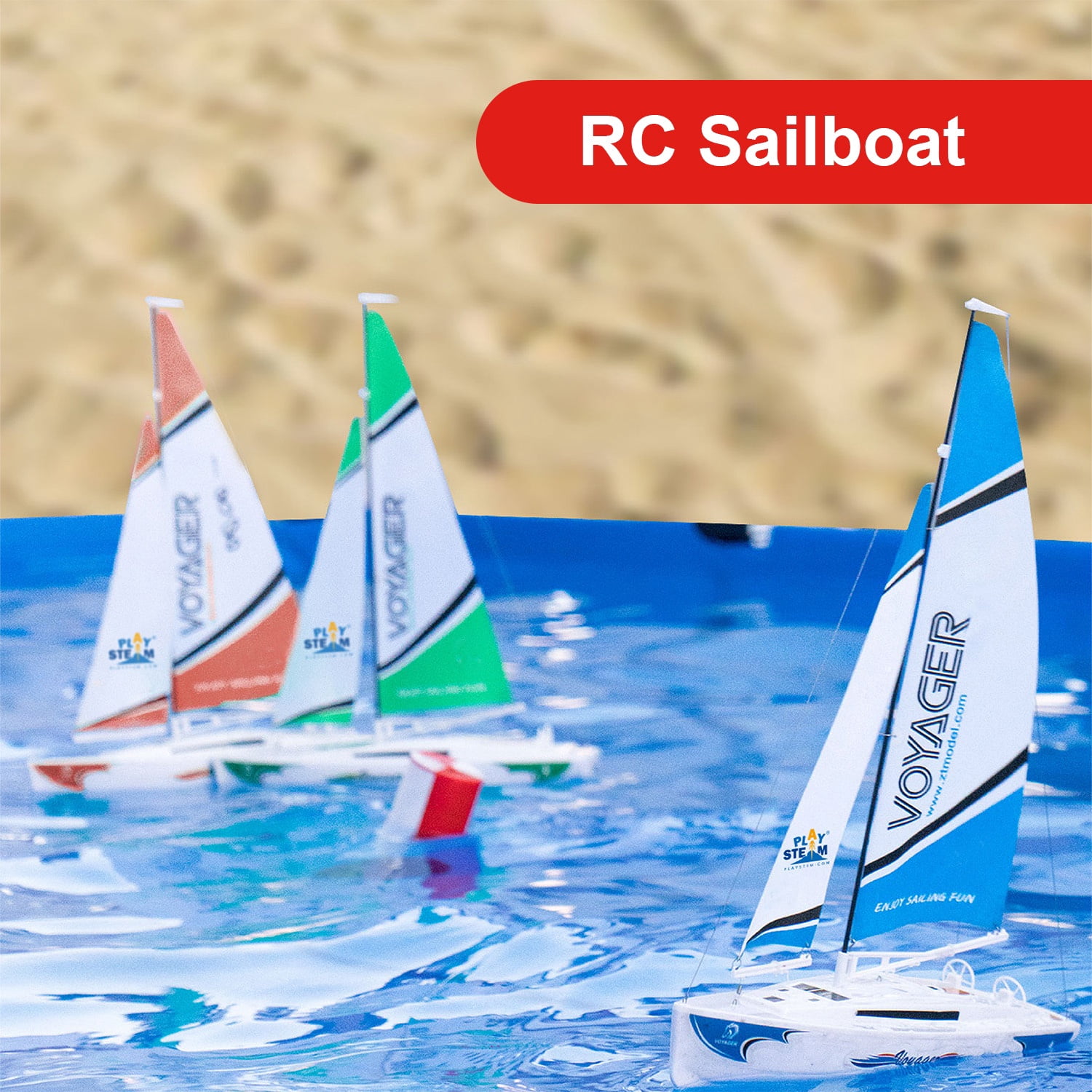PLAYSTEAM Voyager 280 STEM Science 2.4GHz RC Sailboat Wind Powered Model with Adjustable Sail and Rudder for Learning Wind Direction,Red