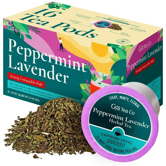 Gya Tea Co Peppermint Lavender Herbal Tea K-Cups - Caffeine-Free Blend, Compatible with Keurig 1.0/2.0., 16 Pods