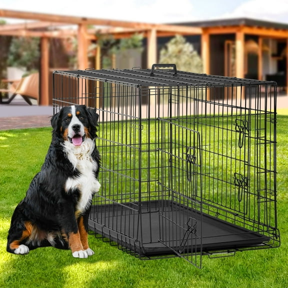 Large Dog Crate 48 Inch Metal Wire Dog Cage, Double-Door Folding Indoor and Outdoor Dog Kennel with Plastic Tray and Handle Pet Crate Furniture for Medium Large Dogs, Black
