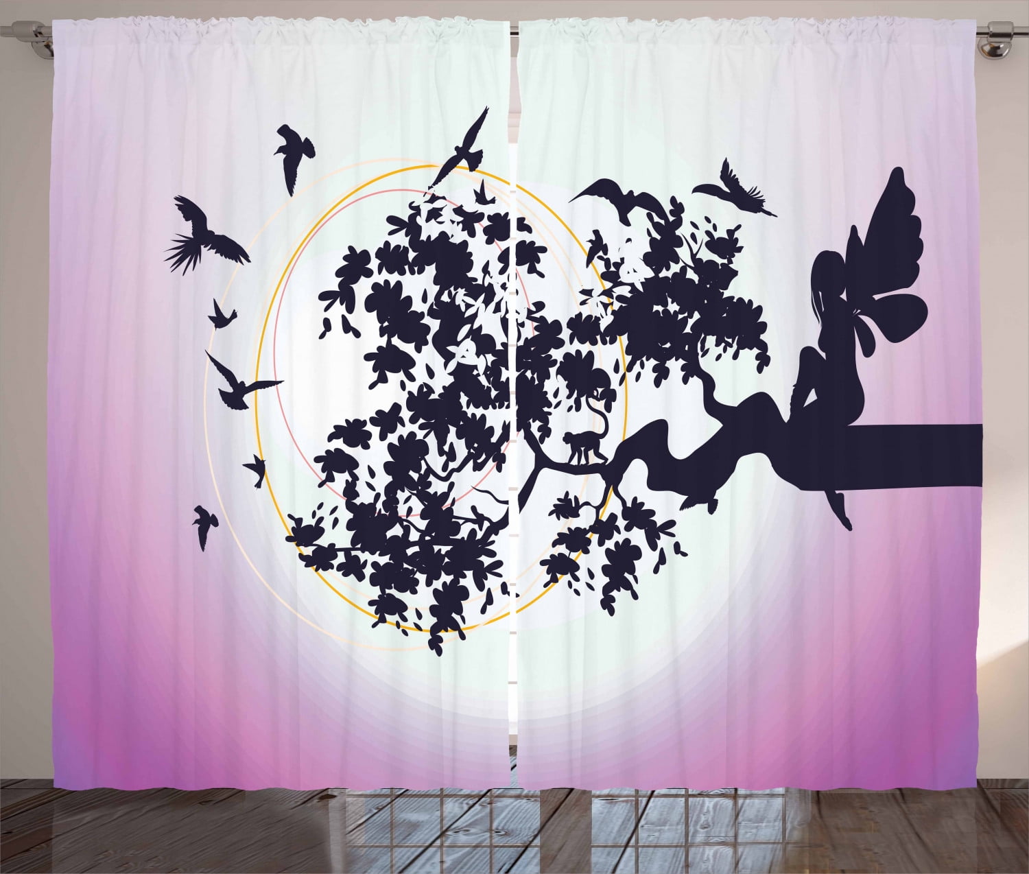 Anime Curtains 2 Panels Set, Fantasy Fairy Silhouette Sitting on the