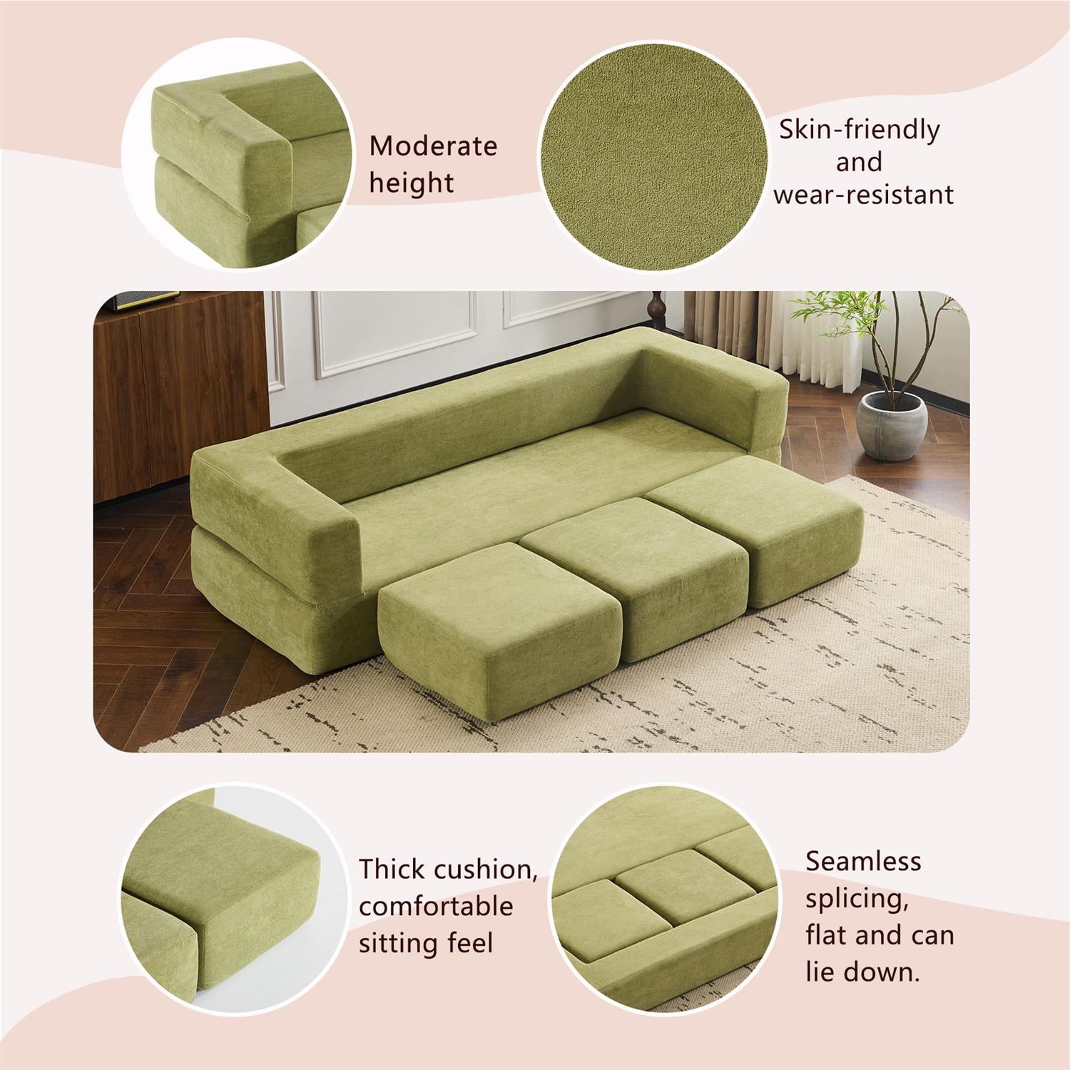 Demi Bonn Convertible Sectional Sofa with 3 Storage Ottomans, Space-Saving Chenille Couch, High-Resilience Foam for Studio Apartments & Home Offices, Green