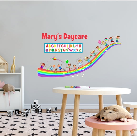 KIDS DAYCARE - Multicolored Vinyl Art Happy Kids Rainbow Road Decoration Sticker Customized Name Child Care Nursery Adhesive Wall Decal Sticker 10" x 5"