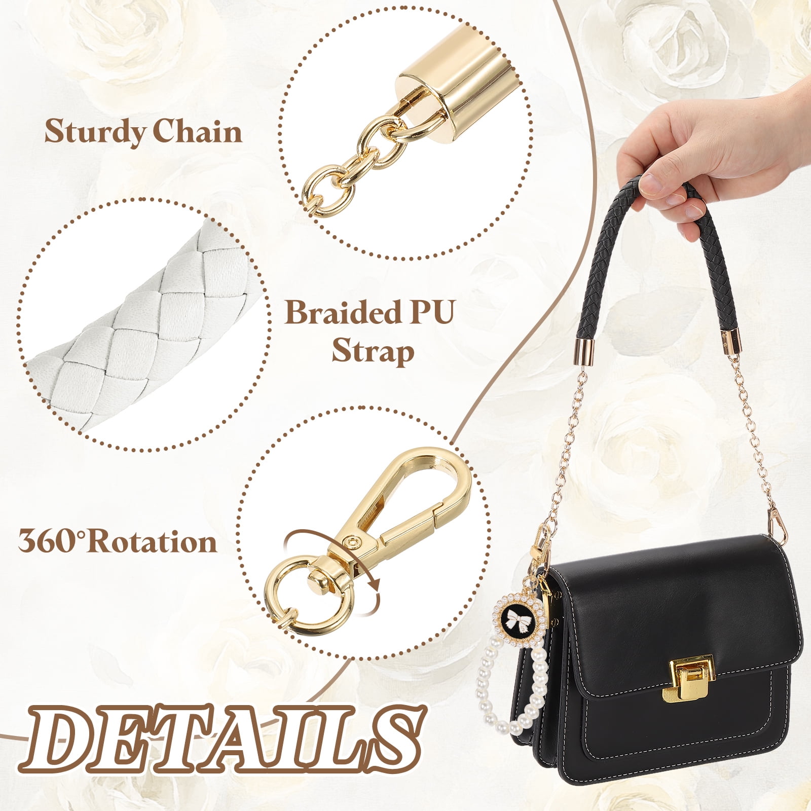 Uxcell 2 Pcs PU Leather Chain Purse Strap, 23.6 Inch Braided Purse Handles Replacement Strap with Pearl Pendant for Tote Bag Handbag Underarm Bag (White, Light Gold Chain)