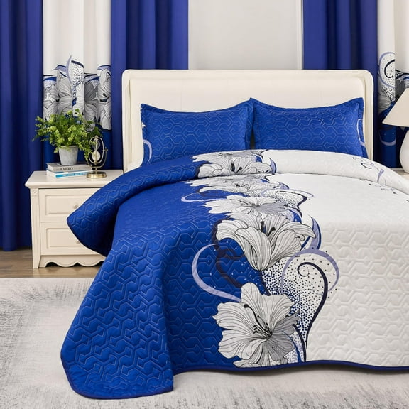 3-Piece Bedspread & Curtain Set, Super Soft for Year-Round Comfort, Queen/King/Cal King Bedroom Decor (Blue and White, Queen)