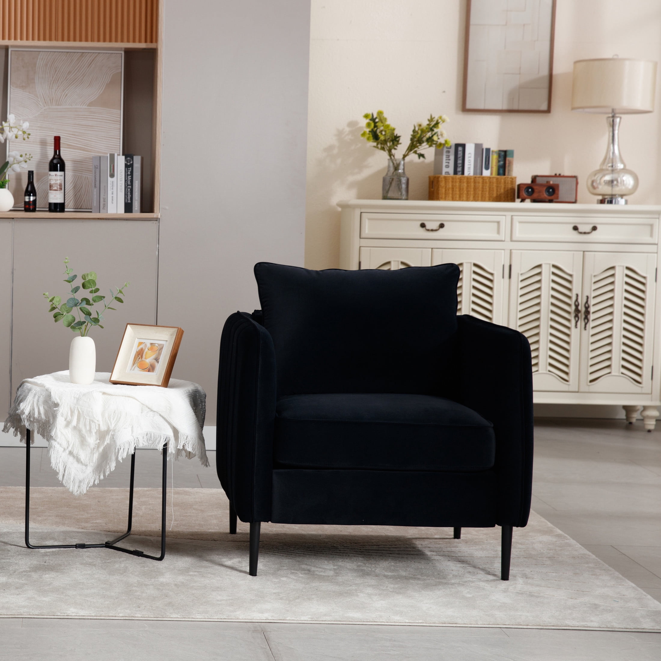 Noble House Mid-Century Modern Velvet Upholstered Accent Chair with Pillow, Metal Legs, Black