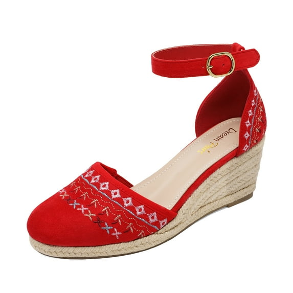 Dream Pairs Women's Comfort Wedge Espadrilles Sandals Ankle Strap Close Toe Platform Shoes Amanda-2 Red Size 10
