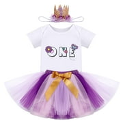 FYMNSI Baby Girl First Birthday Outfit Flower Theme Cotton Short Sleeve Romper Tutu Tulle Skirt Crown Headband 3pcs Set 1Y Purple One