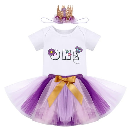 FYMNSI Baby Girl First Birthday Outfit Flower Theme Cotton Short Sleeve Romper Tutu Tulle Skirt Crown Headband 3pcs Set 1Y Purple One