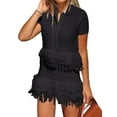 thumbnail image 2 of Women'S Open Knit Short Sleeve Top with Fringe Black M, 2 of 7
