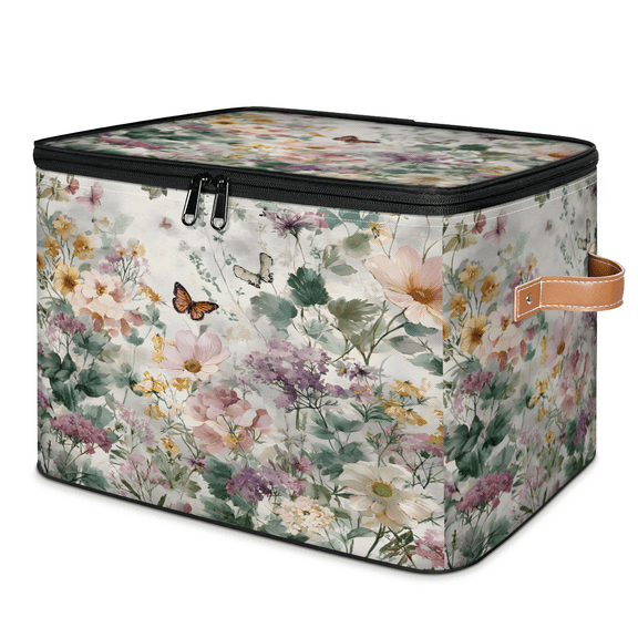CURLYOOT Oil Painting Style Spring Flower Storage Bins with Lid, Decorative Fabric Closet Boxes with Lids, Foldable Storage Baskets Shelves Container Organizers for Bedroom, Living Room