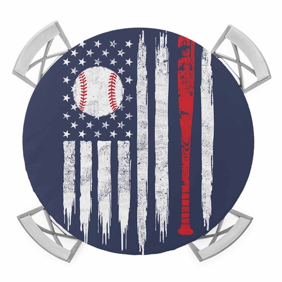 Elastic Fitted Round Tablecloth, American Flag Waterproof Stretch Table Cover for 36"-44" Tables, US Flag Baseball Stars Navy Blue Washable Outdoor Tablecloths for Patio, Picnic, Camping