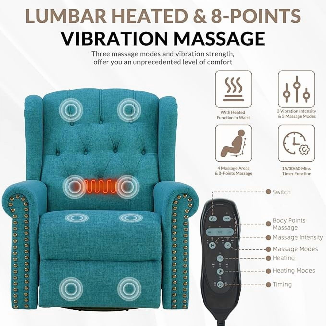 EPICOZY Power Swivel Rocking Glider Recliner Chair with Massage and Heat, Electric Nursery Glider Rocker for Living Room, Wingback Tufted Upholstered Recliner Chair with Type-C & USB Ports, Teal