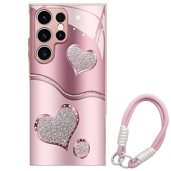 Curve Double Heart Hard Case for Samsung S25 Ultra, Curved Double Heart Pink Tempered Glass Phone Case for Samsung 25 Series (S25 Ultra)